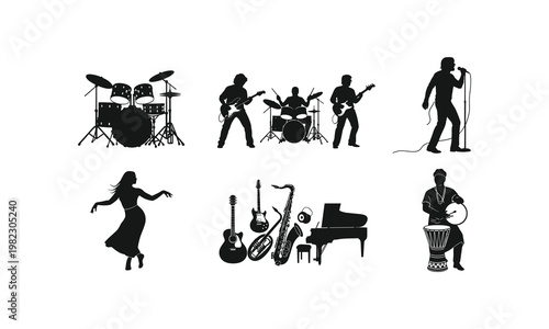 Diverse silhouettes of musicians and dancers performing various instruments and styles