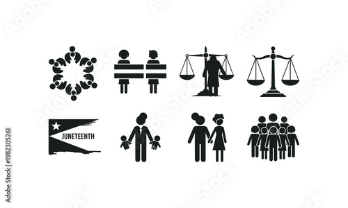 Symbols representing unity, justice, family, and community celebration on juneteenth