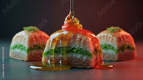 Honey Dripping on Turkish Baklava – Ultra Detailed Cinematic Dessert Food Photography