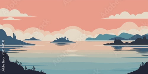 Landscape with Soft pink sky meets calm blue water. Mountains frame distant islands, serene, quiet. Clouds float gently above the horizon's gentle curve. Silhouettes of landmasses reflect in the still