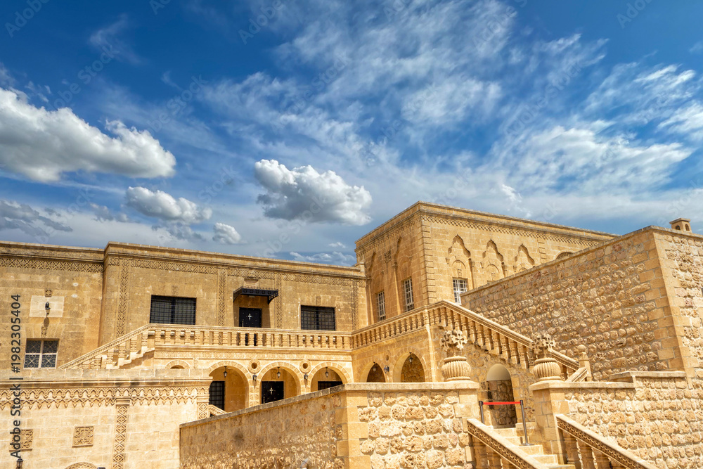 Fototapeta premium Exterior view of Mor Gabriel Monastery in Mardin, highlighting ancient Syriac architecture and cultural heritage
