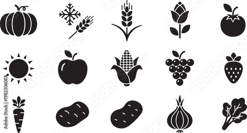 Black farm fresh icons, harvest symbols, vegetable graphics, food illustrations, 20 agriculture signs