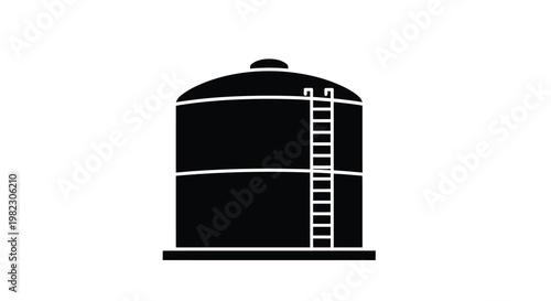 A black silhouette depicts a large cylindrical storage tank with a ladder ascending its side