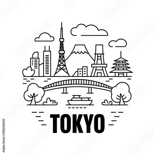 Tokyo city skyline with famous landmarks and mountain  travel illustration