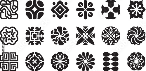 Black geometric patterns, decorative shapes, floral designs, vector icons, 20 symbols