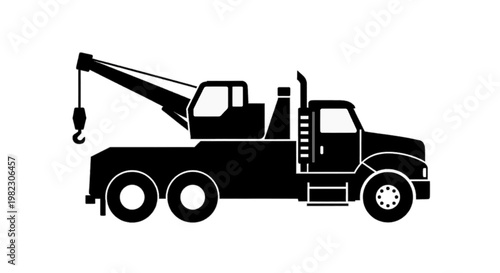 Vector illustration of silhouette of a heavy duty tow truck with a crane boom and hook on a transparent background