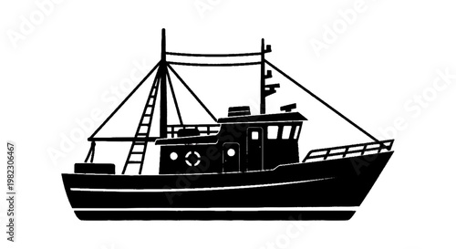 Vector illustration of silhouette of a commercial fishing boat on a transparent background