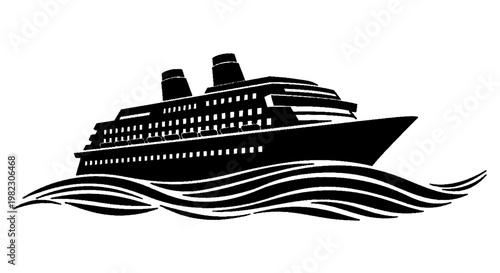 Vector illustration of silhouette of a cruise ship sailing on ocean waves on a transparent background