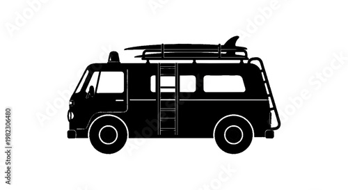 Vector illustration of silhouette of a vintage camper van with surfboards on the roof rack on a transparent background