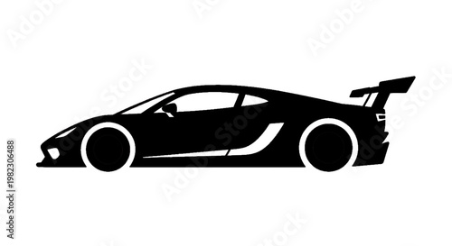 Vector illustration of side view silhouette of a modern sports car with a racing rear wing on a transparent background