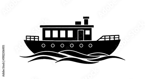 Vector illustration of black silhouette of a small passenger boat or ferry on the water on a transparent background