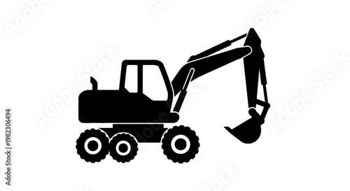 Vector illustration of black silhouette icon of a wheeled excavator construction vehicle on a transparent background