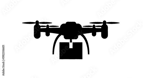 Vector illustration of silhouette of a delivery drone carrying a package on a transparent background