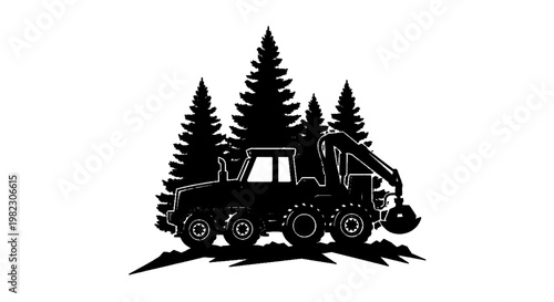 Vector illustration of silhouette of a forestry harvester machine in a forest with pine trees on a transparent background
