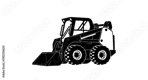 Vector illustration of black and white silhouette of a skid steer loader construction vehicle on a transparent background