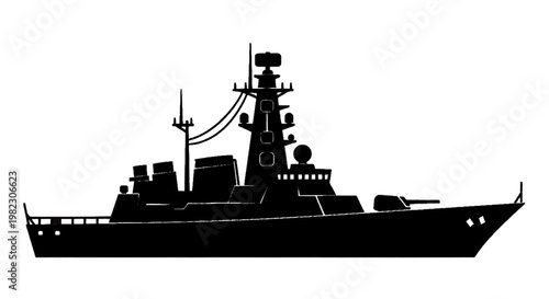 Vector illustration of silhouette of a modern naval warship, destroyer or frigate on a transparent background