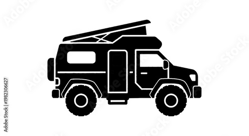 Vector illustration of offroad camper van icon, expedition vehicle with popup roof tent, adventure travel vector on a transparent background