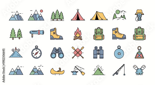 Camping icons and travel symbols.