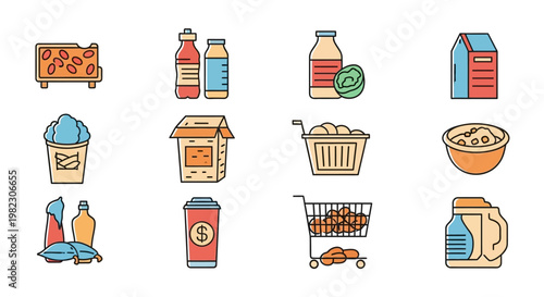 Colorful grocery shopping food icons set.