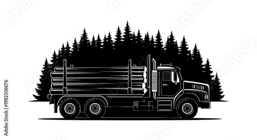 Vector illustration of logging truck carrying timber logs in front of a forest silhouette on a transparent background