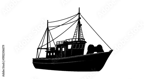Vector illustration of silhouette of a commercial fishing boat on a transparent background