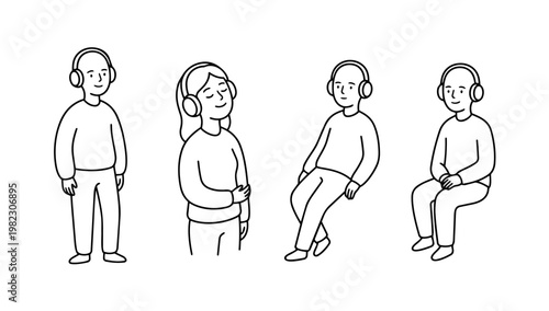 Line illustration set of people wearing headphones in relaxed poses, representing music listening, audio experience, and modern lifestyle entertainment concepts.