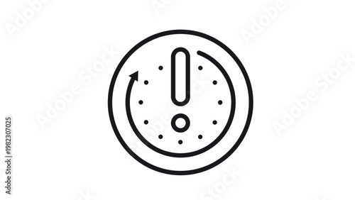 Black line vector icon of a clock face with an exclamation mark and a circular arrow, symbolizing a deadline, time limit, urgency, or warning alert, minimalist graphic illustration on white.