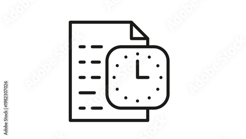 Document with clock icon vector illustration representing time management, scheduling, deadlines, and history. Minimalist black line art symbol for business productivity and organization.