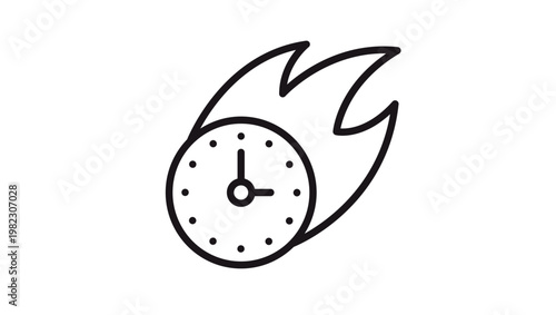 Fast time vector icon. Minimalist black line illustration of a clock face with fire flames, symbolizing speed, urgency, deadline, and quick results. Clean graphic design element for business.