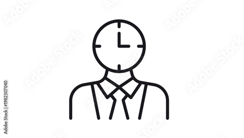 Minimalist black vector icon illustration of a business person with a clock head, symbolizing time management, deadlines, productivity, and professional scheduling in a clean line art style.