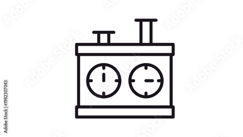 Chess clock vector icon illustration. Minimalist black line art symbol of a dual timer used for board games, tournaments, and competitive play. Scalable graphic for sports and leisure concepts.
