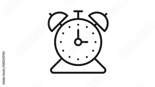 Black minimalist alarm clock vector icon illustration. Simple line art symbol of a classic twin bell table clock for time management, morning wake up, schedule, and deadline concepts on white.