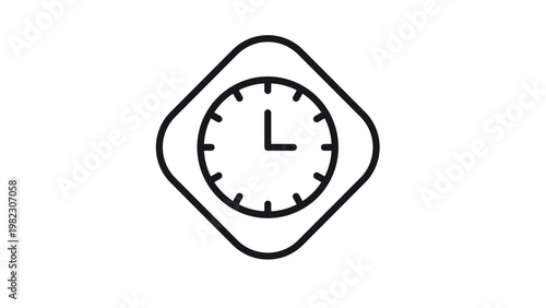 Minimalist black vector line icon of a clock within a rounded diamond border. Professional symbol for time management, scheduling, deadlines, and productivity. Scalable graphic illustration.