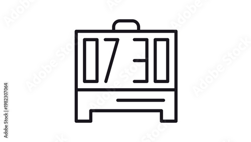 Minimalist digital alarm clock vector icon showing 07:30 time on a screen. Clean black line art illustration of an electronic bedside clock with snooze button and speaker, isolated on white.