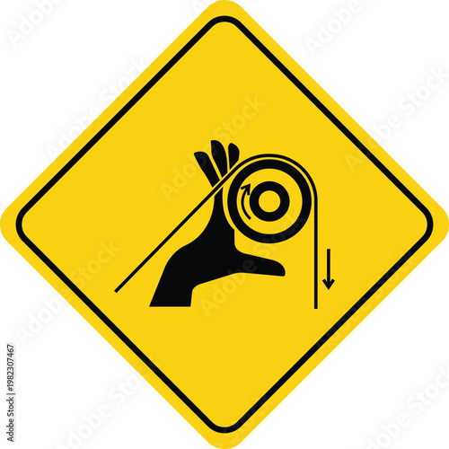 Warning sign for crushing hazard with hand and rotating wheel safety pictogram for industrial machinery and danger zones isolated on yellow background