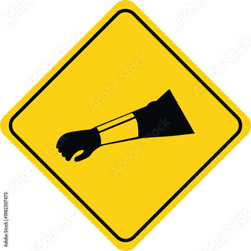 Warning sign for protective glove use black silhouette of a hand wearing a glove on a yellow diamond background safety symbol for hazardous environments