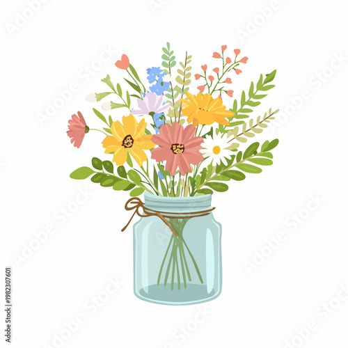 Wiesenblumenstrauß im rustikalen Glas