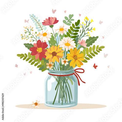 Wiesenblumenstrauß im rustikalen Glas