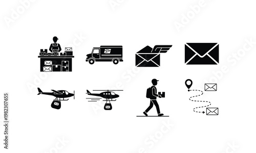 Various methods of mail and package delivery illustrated through icons