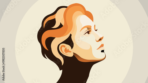 Paper cut style illustration of a beautiful woman with wavy hair, warm orange and yellow tones, organic layered shapes, vector art