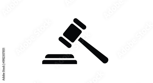 A simple black silhouette depicts a gavel resting on a sounding block symbolizing justice high quality