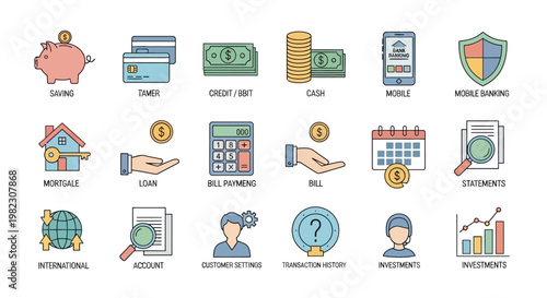Financial icons and money symbols.