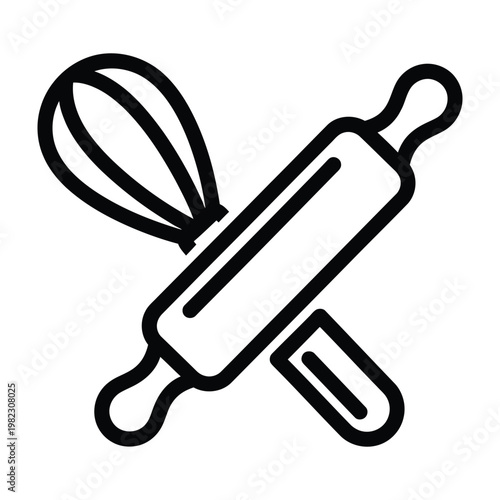 Baking and pastry tool icon featuring a wire whisk and a wooden rolling pin utensils preparation culinary equipment