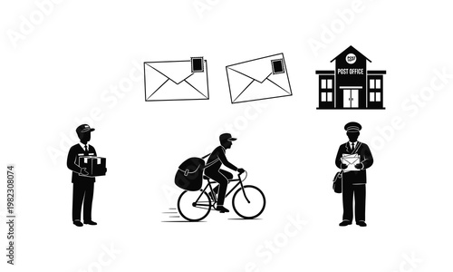 Classic illustration of postal delivery methods and personnel