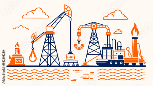 Oil industry production with pump jacks and refinery plant, offshore drilling platform, fossil fuel energy extraction, industrial landscape illustration