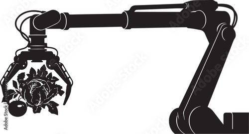 Industrial robotic arm, mechanical claw, black vector icon, automation tool, robotic gripper