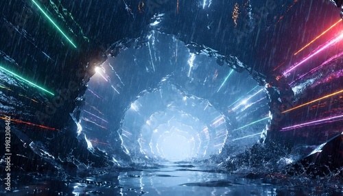 Futuristic Sci-Fi Tunnel Portal with Neon Laser Lights in Crystal Ice Cave, Abstract Tech Background for Space Travel and Metaverse Concept