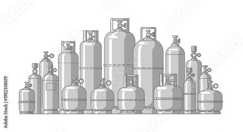 Gas cylinders in various sizes stacked.