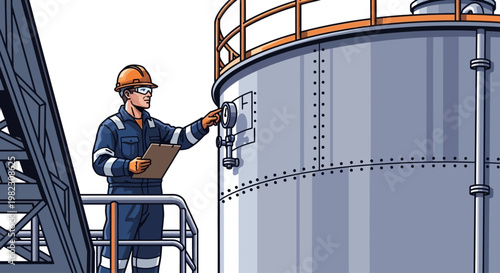 Industrial worker inspecting large metal tank.
