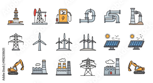 Industrial icons and machinery symbols.